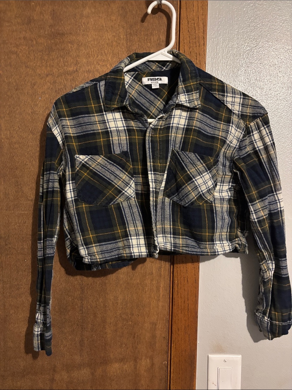 RSQ Navy, White & Yellow Plaid Cropped Flannel Jacket